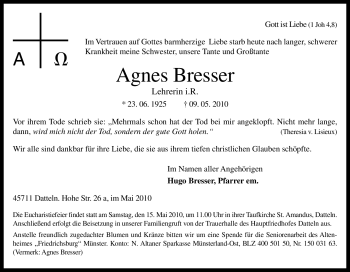 Traueranzeige von Agnes Bresser von Tageszeitung