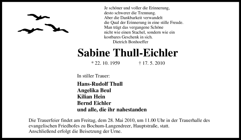  Traueranzeige für Sabine Thull-Eichler vom 22.05.2010 aus Tageszeitung