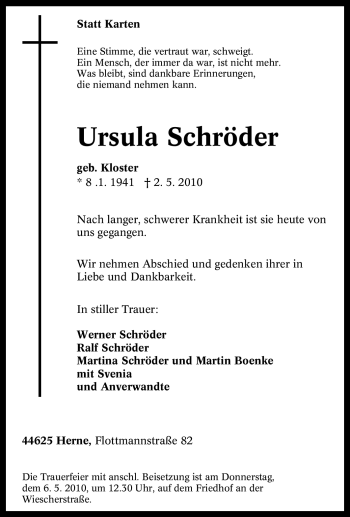 Traueranzeige von Ursula Schröder von Tageszeitung