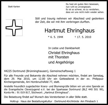Traueranzeige von Hartmut Ehringhaus von Tageszeitung