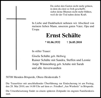 Traueranzeige von Ernst Schälte von Tageszeitung