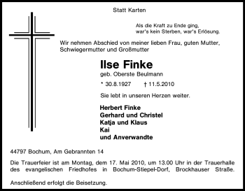 Traueranzeige von Ilse Finke von Tageszeitung