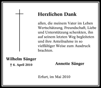Traueranzeige von Wilhelm Sänger von Tageszeitung
