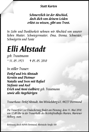 Traueranzeige von Elli Altstadt von Tageszeitung