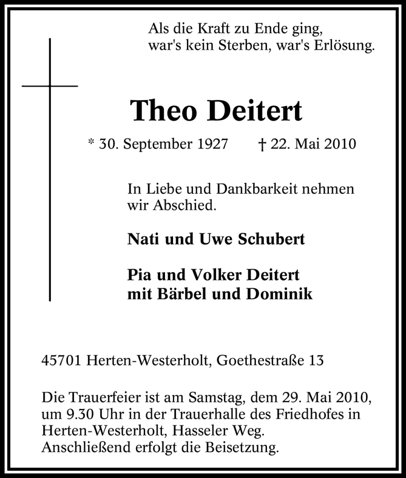  Traueranzeige für Theo Deitert vom 26.05.2010 aus Tageszeitung