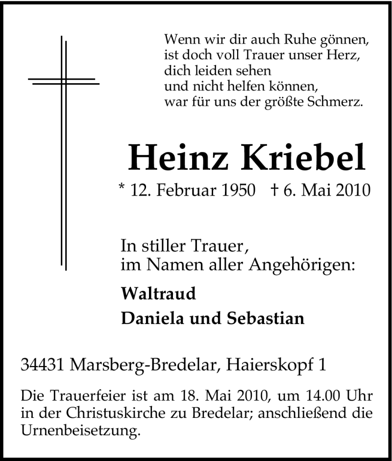  Traueranzeige für Heinz Kriebel vom 08.05.2010 aus Tageszeitung