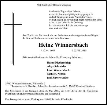 Traueranzeige von Heinz Winnersbach von Tageszeitung