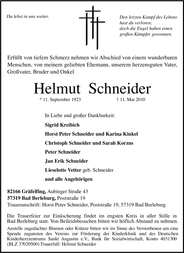  Traueranzeige für Helmut Schneider vom 13.05.2010 aus Tageszeitung