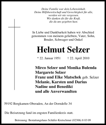 Traueranzeige von Helmut Selzer von Tageszeitung