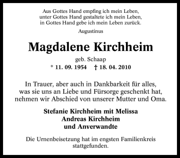 Traueranzeige von Magdalene Kirchheim von Tageszeitung
