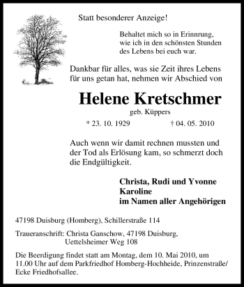Traueranzeige von Helene Kretschmer von Tageszeitung