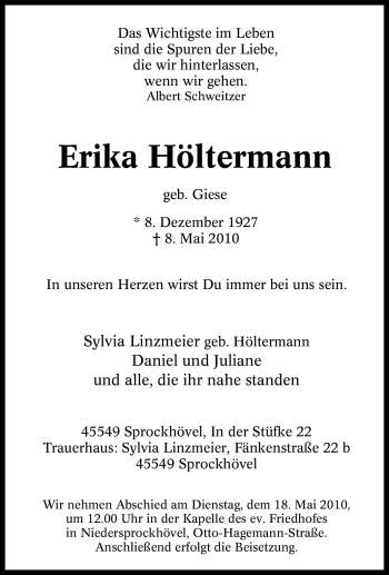 Traueranzeige von Erika Höltermann von Tageszeitung