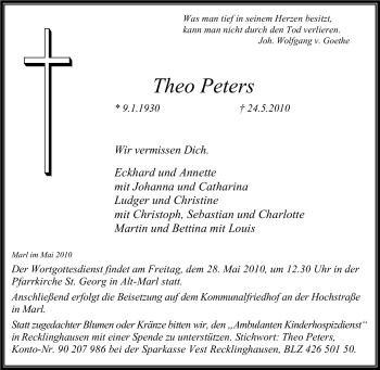 Traueranzeige von Theo Peters von Tageszeitung