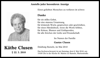Traueranzeige von Käthe Clusen von Tageszeitung