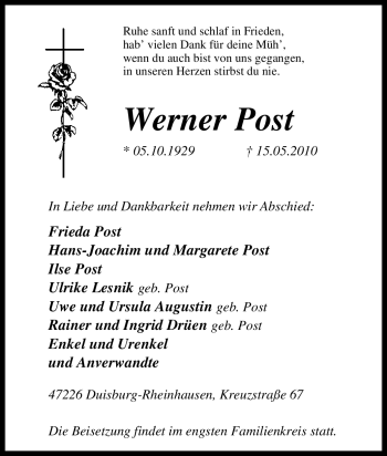 Traueranzeige von Werner Post von Tageszeitung