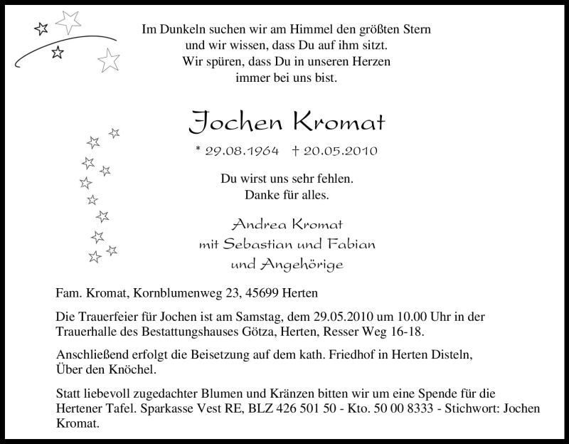  Traueranzeige für Jochen Kromat vom 26.05.2010 aus Tageszeitung