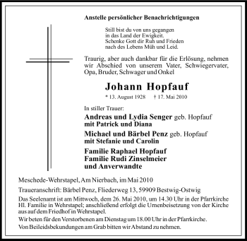 Traueranzeige von Johann Hopfauf von Tageszeitung