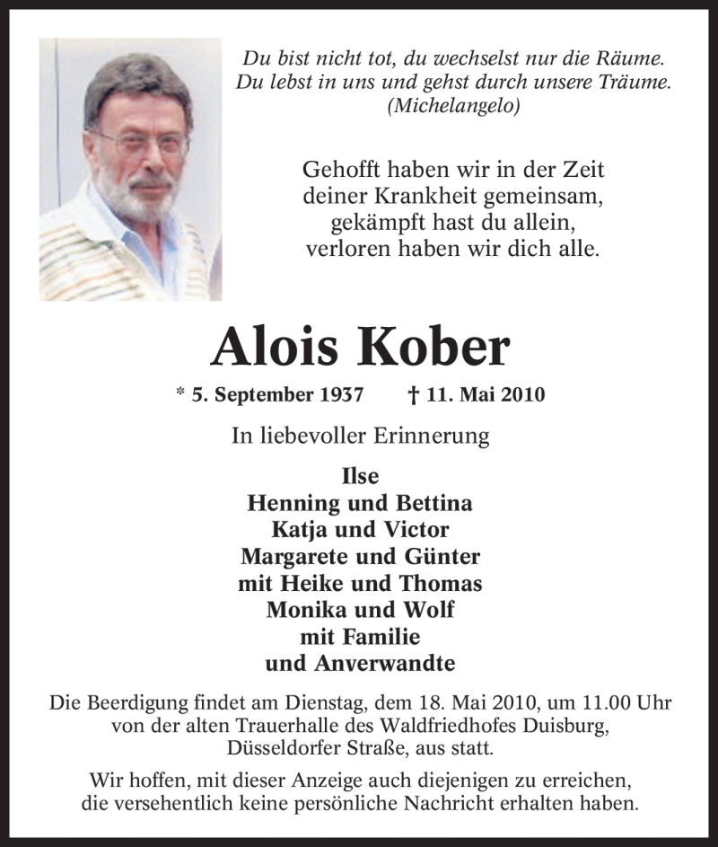  Traueranzeige für Alois Kober vom 15.05.2010 aus Tageszeitung