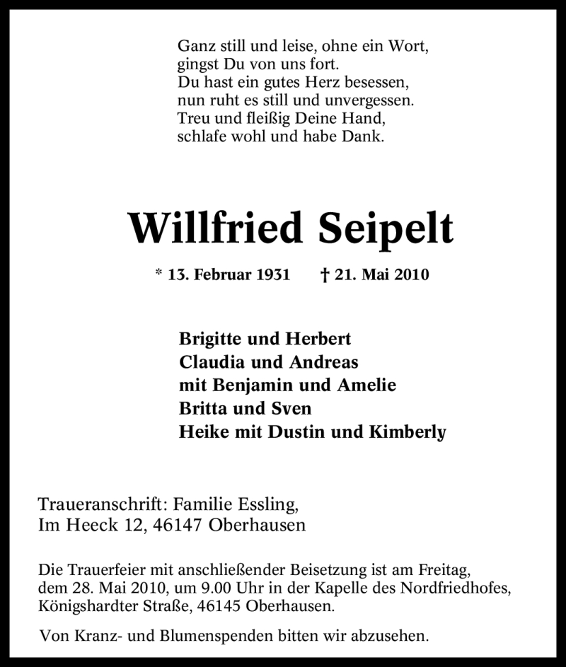  Traueranzeige für Willfried Seipelt vom 26.05.2010 aus Tageszeitung