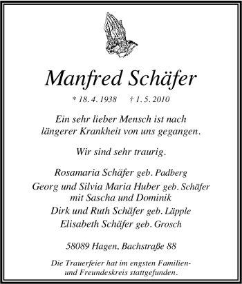 Traueranzeige von Manfred Schäfer von Tageszeitung