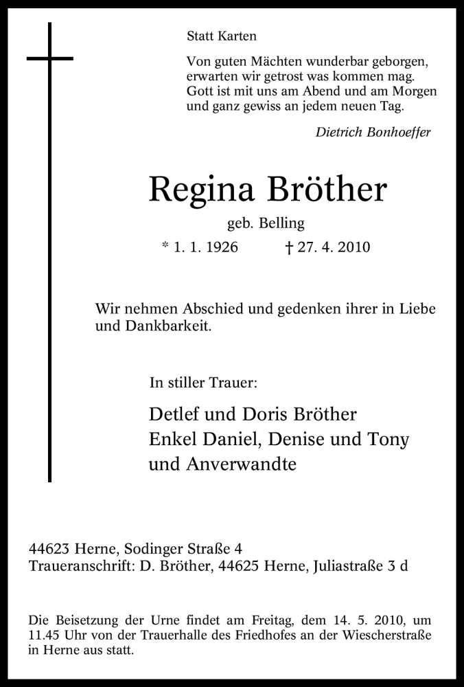  Traueranzeige für Regina Bröther vom 08.05.2010 aus Tageszeitung
