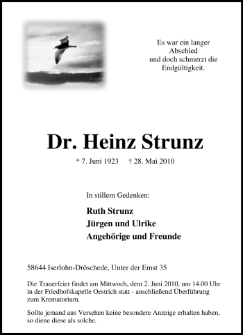 Traueranzeige von Heinz Strunz von Tageszeitung