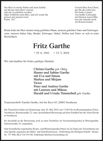 Traueranzeige von Fritz Garthe von Tageszeitung