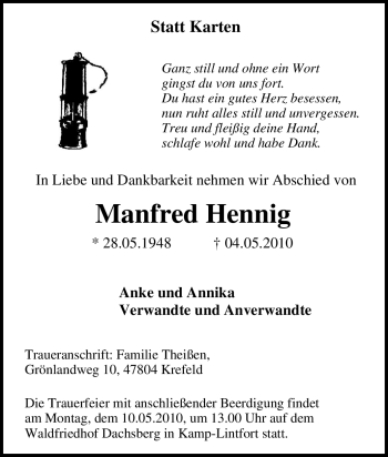 Traueranzeige von Manfred Hennig von Tageszeitung