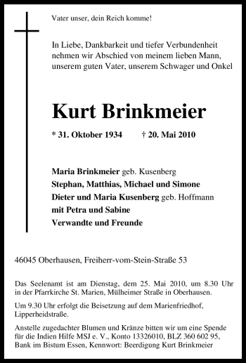 Traueranzeige von Kurt Brinkmeier von Tageszeitung