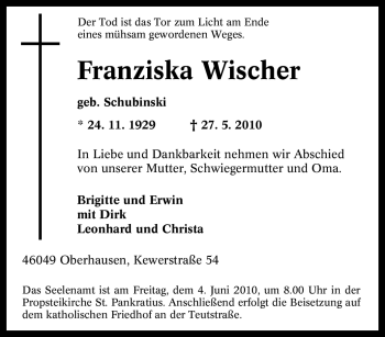 Traueranzeige von Franziska Wischer von Tageszeitung