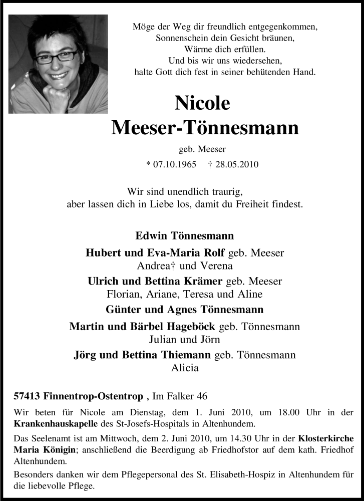  Traueranzeige für Nicole Meeser-Tönnesmann vom 29.05.2010 aus Tageszeitung