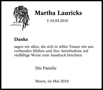 Traueranzeige von Martha Lauricks von Tageszeitung