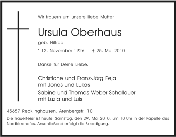 Traueranzeige von Ursula Oberhaus von Tageszeitung
