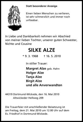 Traueranzeige von Silke Alze von Tageszeitung