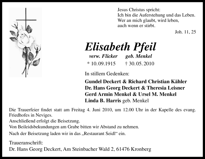  Traueranzeige für Elisabeth Pfeil vom 31.05.2010 aus Tageszeitung