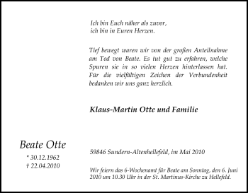 Traueranzeige von Beate Otte von Tageszeitung