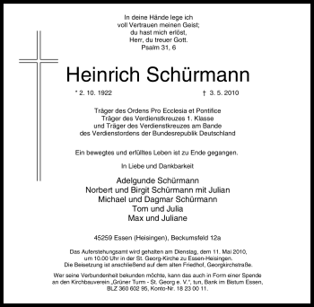 Traueranzeige von Heinrich Schürmann von Tageszeitung