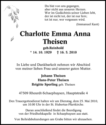 Traueranzeige von Charlotte Emma Anna Theisen von Tageszeitung