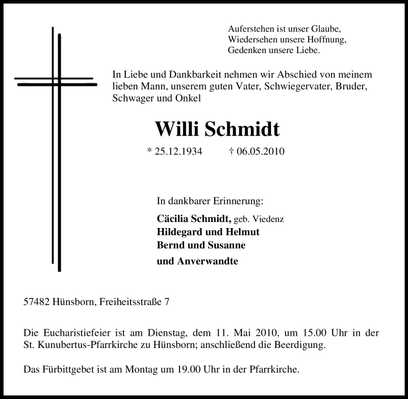  Traueranzeige für Willi Schmidt vom 07.05.2010 aus Tageszeitung