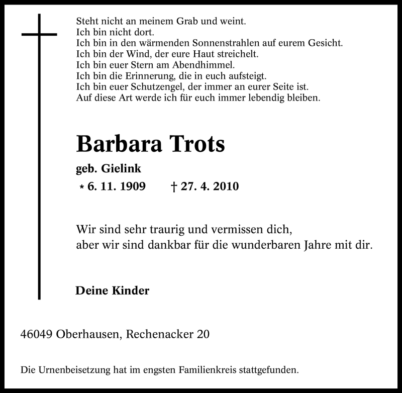  Traueranzeige für Barbara Trots vom 08.05.2010 aus Tageszeitung