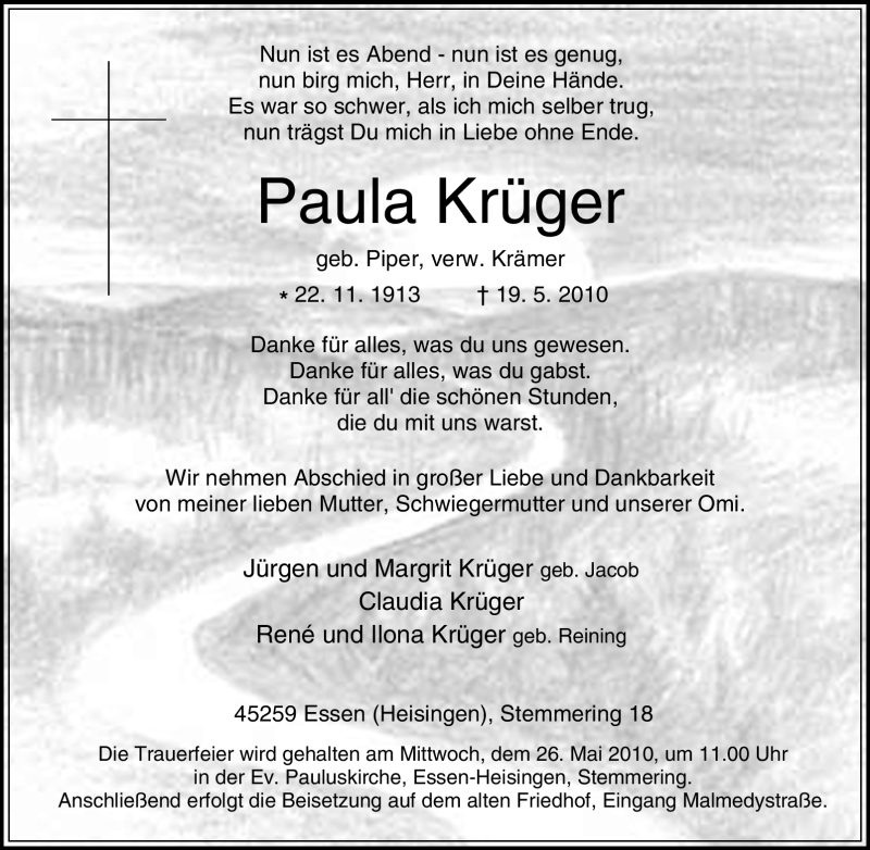  Traueranzeige für Paula Krüger vom 22.05.2010 aus Tageszeitung