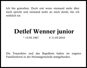 Traueranzeige von Detlef Wenner junior von Tageszeitung