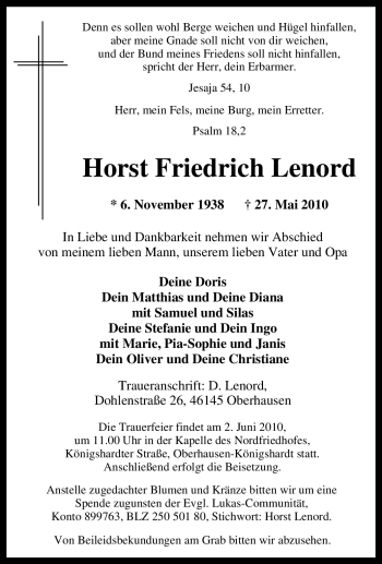 Traueranzeige von Horst Friedrich Lenord von Tageszeitung