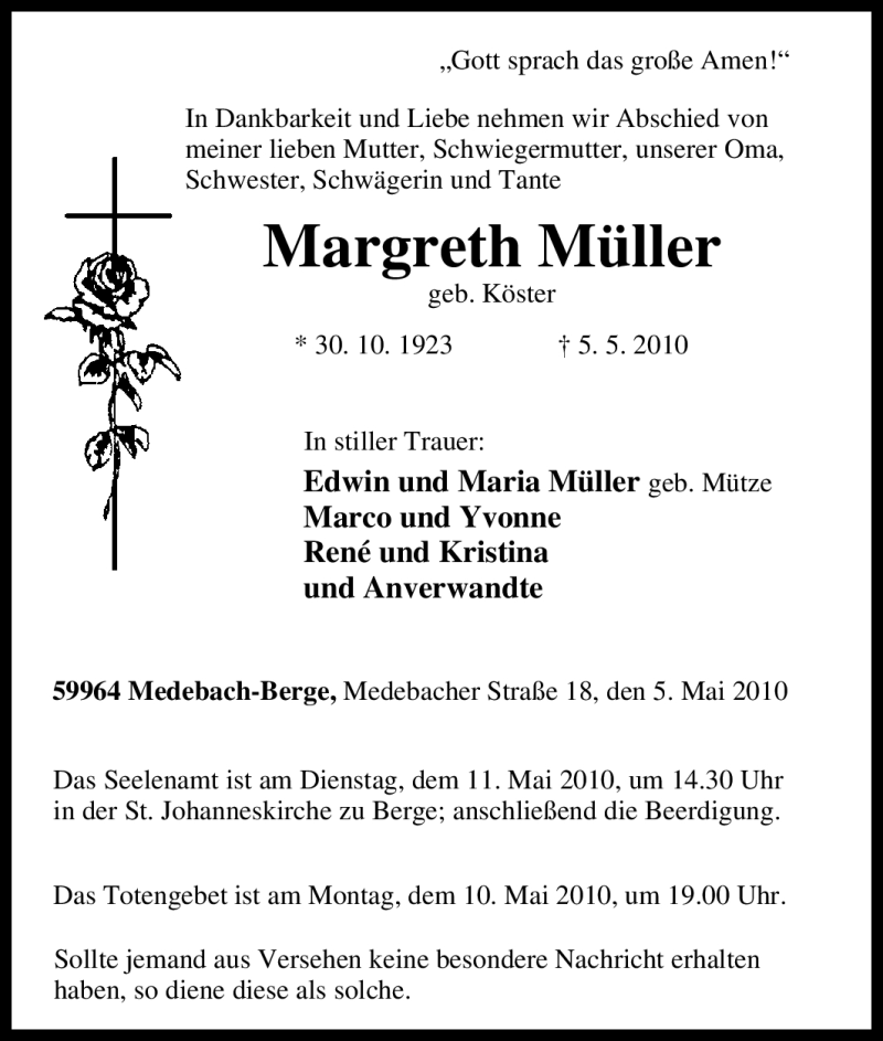  Traueranzeige für Margreth Müller vom 07.05.2010 aus Tageszeitung