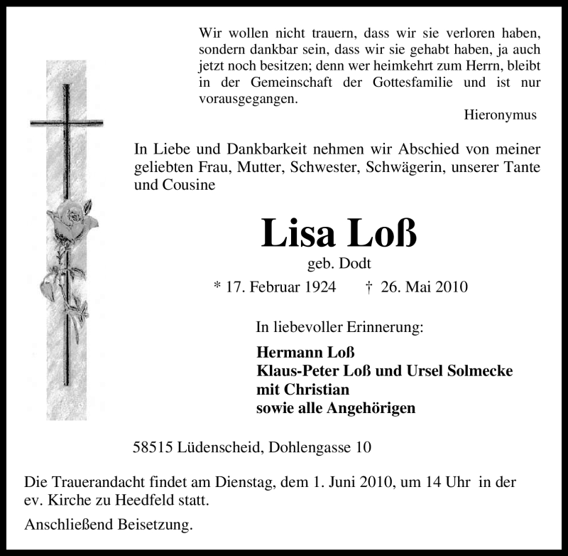  Traueranzeige für Lisa Loß vom 29.05.2010 aus Tageszeitung
