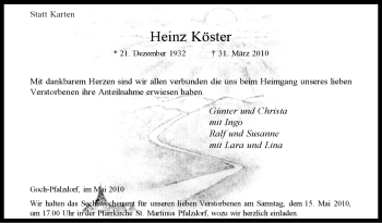Traueranzeige von Heinz Köster von Tageszeitung
