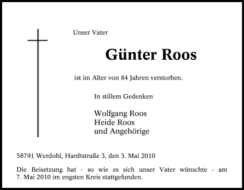 Traueranzeige von Günter Roos von Tageszeitung