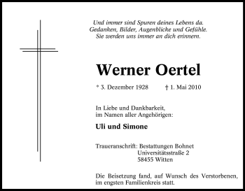 Traueranzeige von Werner Oertel von Tageszeitung