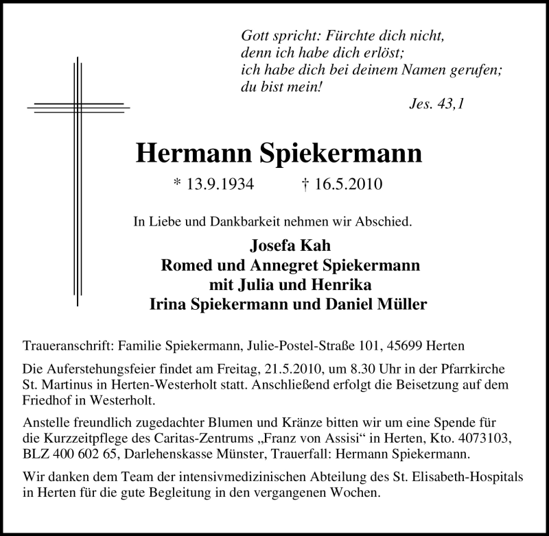  Traueranzeige für Hermann Spiekermann vom 18.05.2010 aus Tageszeitung