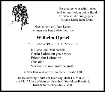 Traueranzeige von Wilhelm Opriel von Tageszeitung